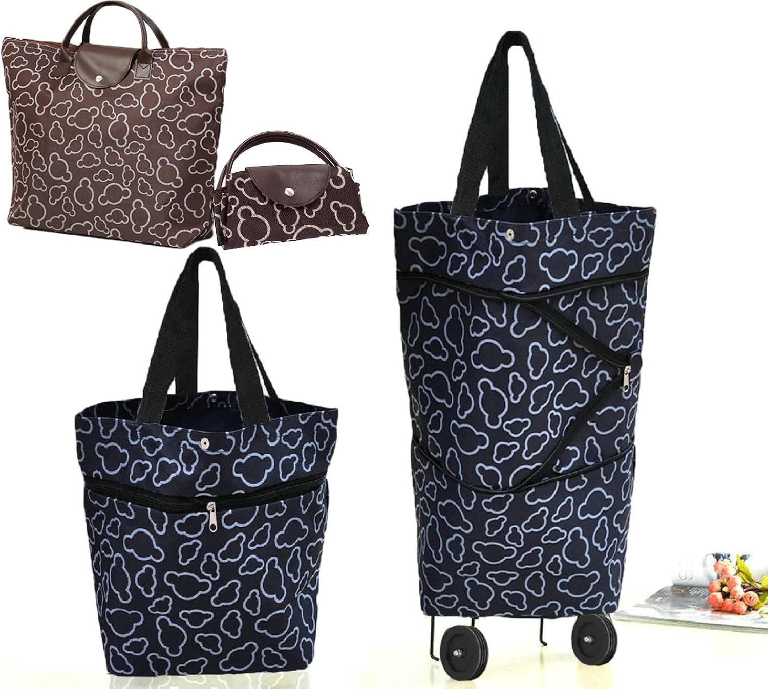 Collapsible Shopping Bag with Wheels Portable Shopping Cart with 360° Swivel Wheels Rolling Tote Bag Reusable Grocery Bag Trolley Bag on Wheels for Travel Shopping and Daily Use(Blue)