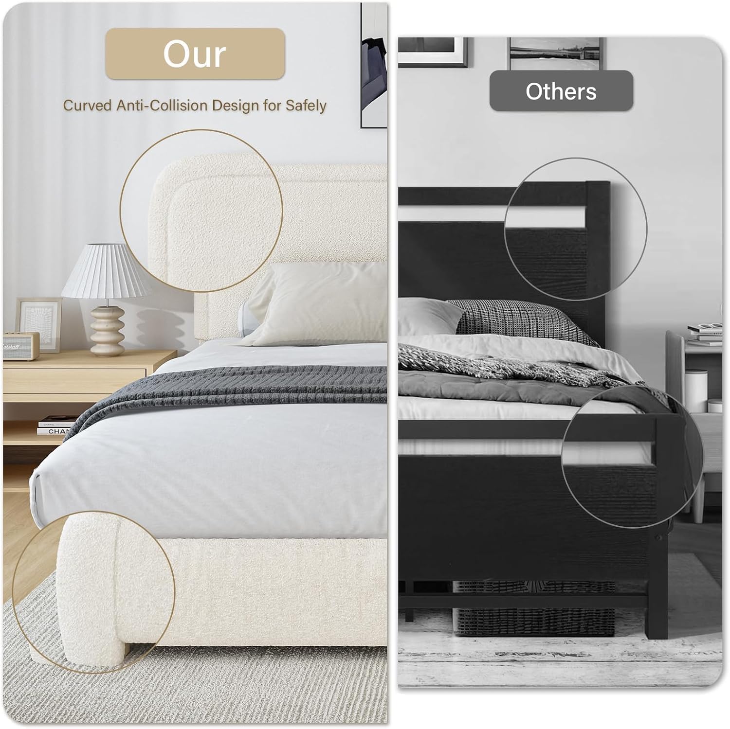 BarnFurin Full Bed Frame, Cloud Boucle Headboard, Rounded Corners, White | Soft boucle and rounded edges create a low-profile cloud look. Wooden slats support the mattress without a box spring