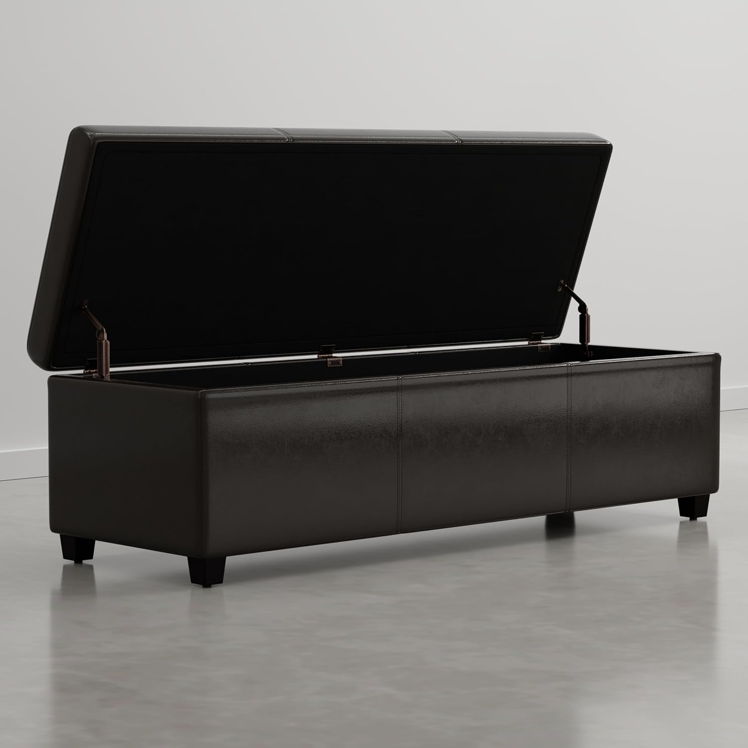 SIMPLIHOME Avalon 48" Wide Vegan Leather Storage Ottoman in Brown