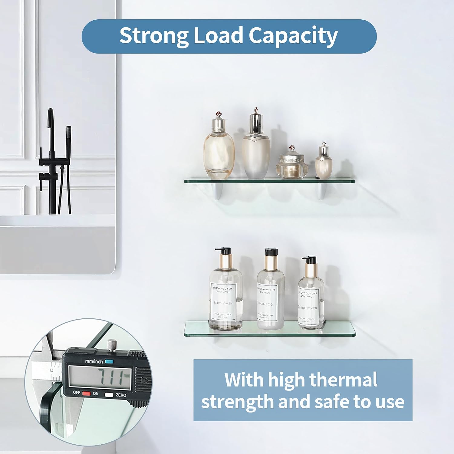 Alise Bathroom Glass Shelf, 15 Inch Floating Shelves for Wall, Matte Black