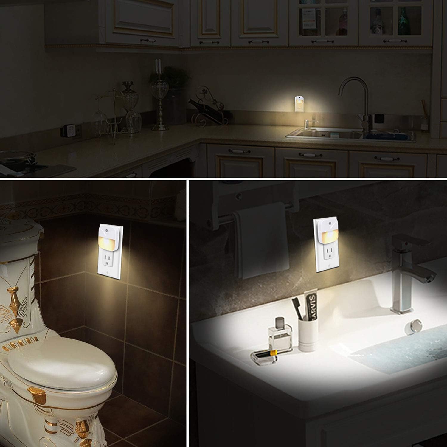 Uigos LED Night Light Plug in with Dusk to Dawn Sensor, Auto On Off Nightlight for Bedroom Bathroom Hallway Stairs Kitchen, Warm White Glow
