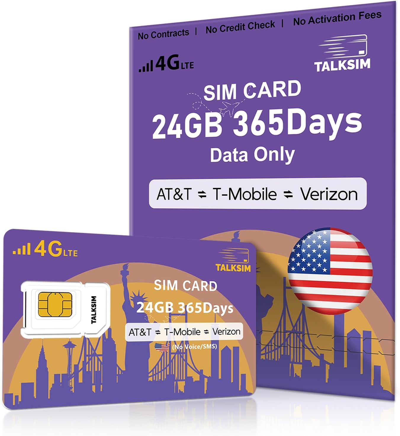 Data SIM Card 24GB 365Days Works with Verizon, AT&T and T-Mobile | 4G LTE USA Data Only, Compatible with Unlocked Security Camera/Router/Mobile WiFi Hotspot/Tablet/Trail Devices