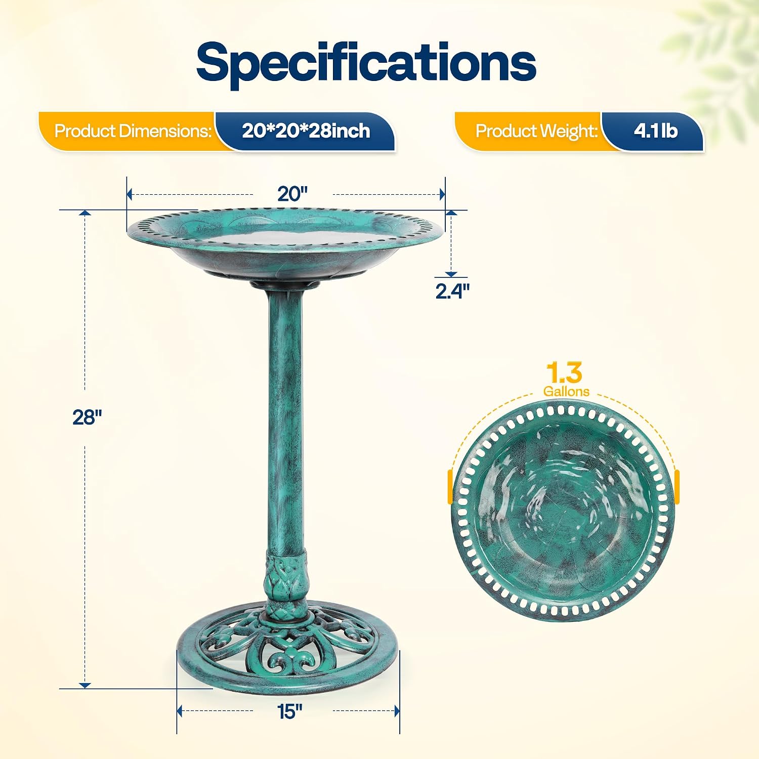 VIVOHOME Bird Bath for Outside, Polyresin Pedestal Birdbath, Green | Weather-Resistant, 20-Inch Bowl, 28-Inch Height, for Outdoor/Garden, Bird-Friendly, Easy to Clean