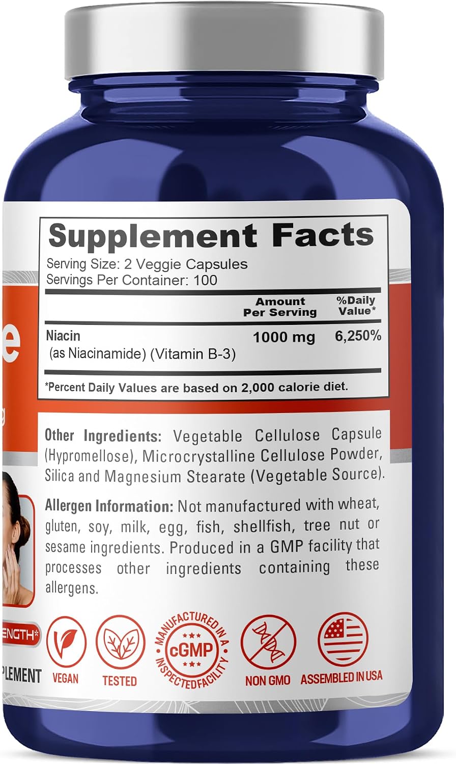 Niacinamide Vitamin B-3, Flush Free, Vegan, 1000mg, 200 Caps - 100 Servings | Dietary Supplement Formula, Flush-Free Niacinamide, Non-GMO