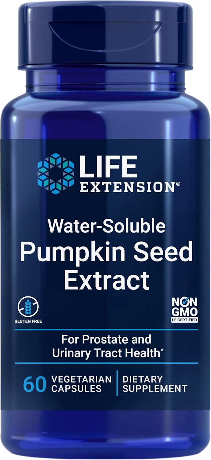 Life Extension Water-Soluble Pumpkin Seed Extract, Promotes Prostate & Urinary Tract Health, Bladder Health Support, Men, Women, Gluten-Free, Non-GMO, Vegetarian, 60 Capsules | Promotes Prostate & Urinary Tract Health, Supports Bladder Health for Men & W…