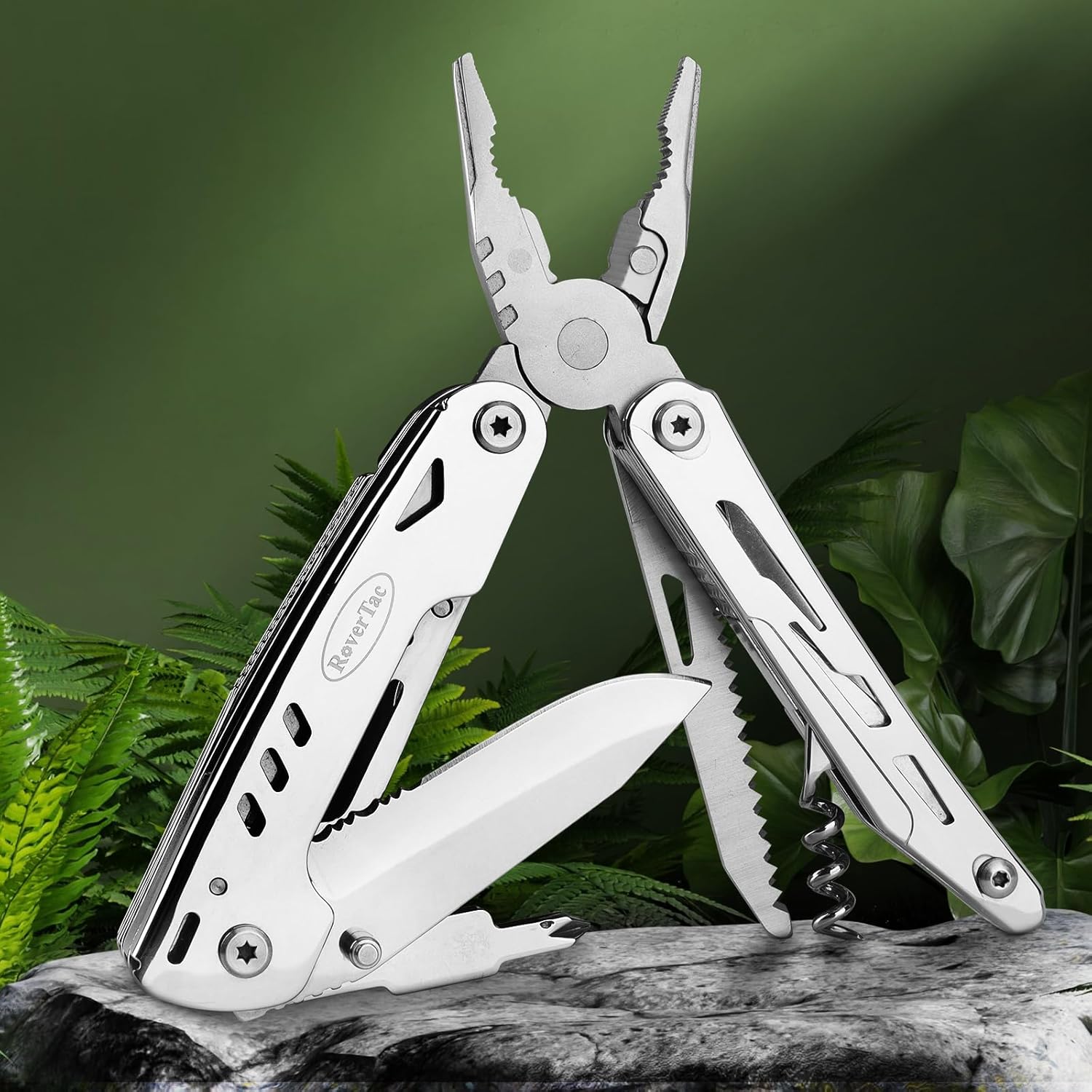 RoverTac 18-in-1 Multitool Pocket Knife with Pliers, Saw, Corkscrew & Detachable Scissors, Multi Tool with Safety Lock, 9 Screwdriver Bits