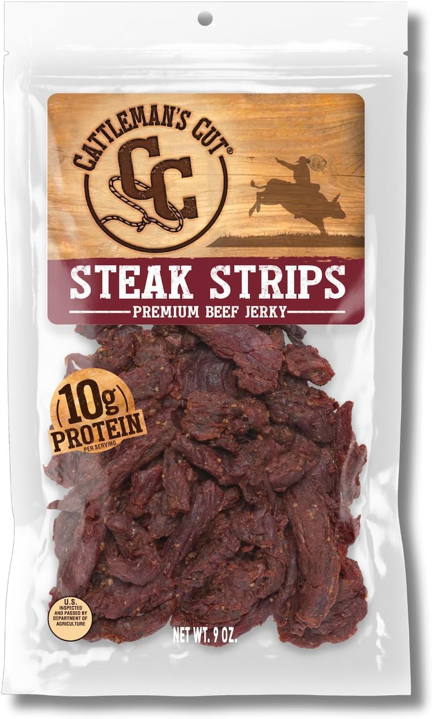 Cattleman's Cut Original Beef Jerky, Premium Marinated Steak High Protein Meat Snacks, Keto Friendly, Gluten Free, Carnivore Travel Snack, Resealable Bag, 10 Ounces