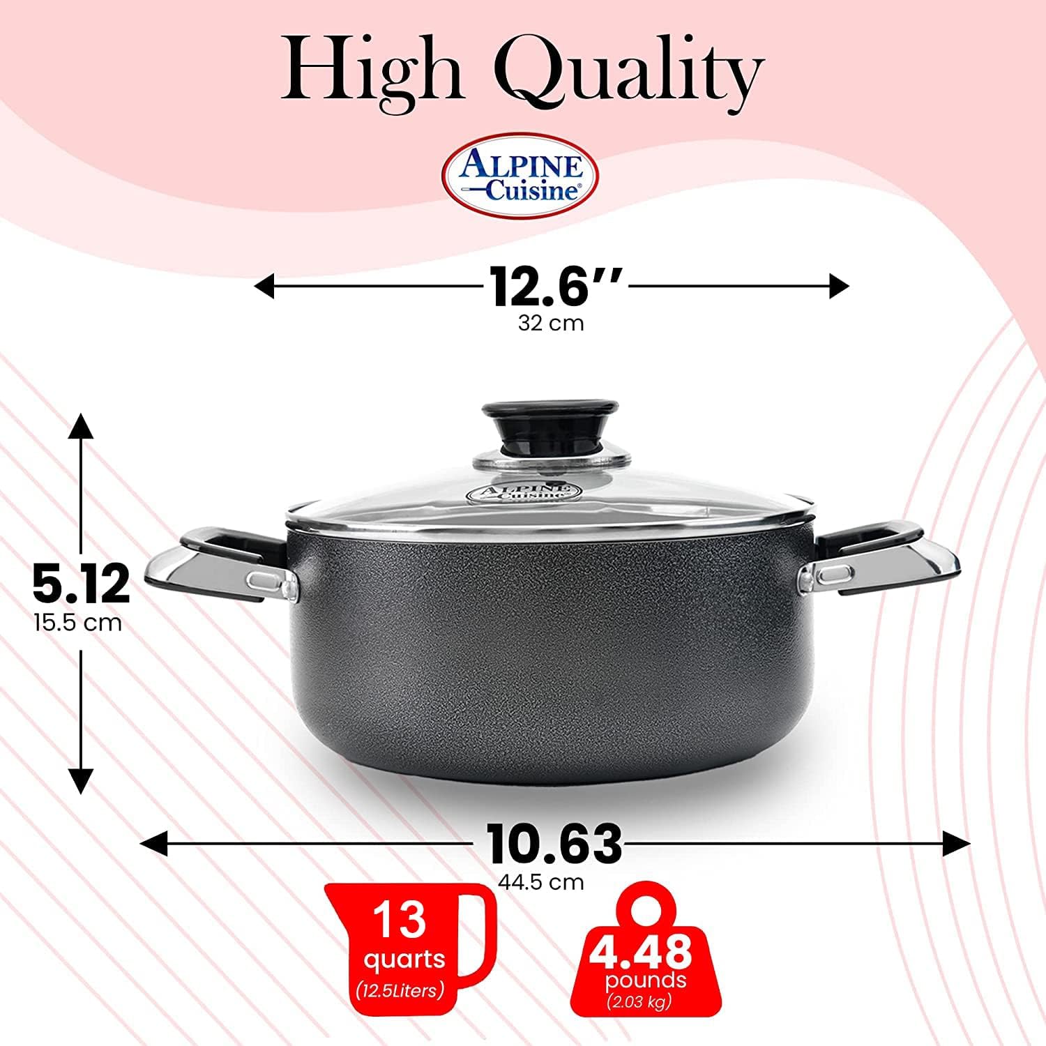 Alpine Cuisine 4 Quart Non-stick Stock Pot with Tempered Glass Lid and Carrying Handles, Multi-Purpose Cookware Aluminum Dutch Oven for Braising, Boiling, Stewing