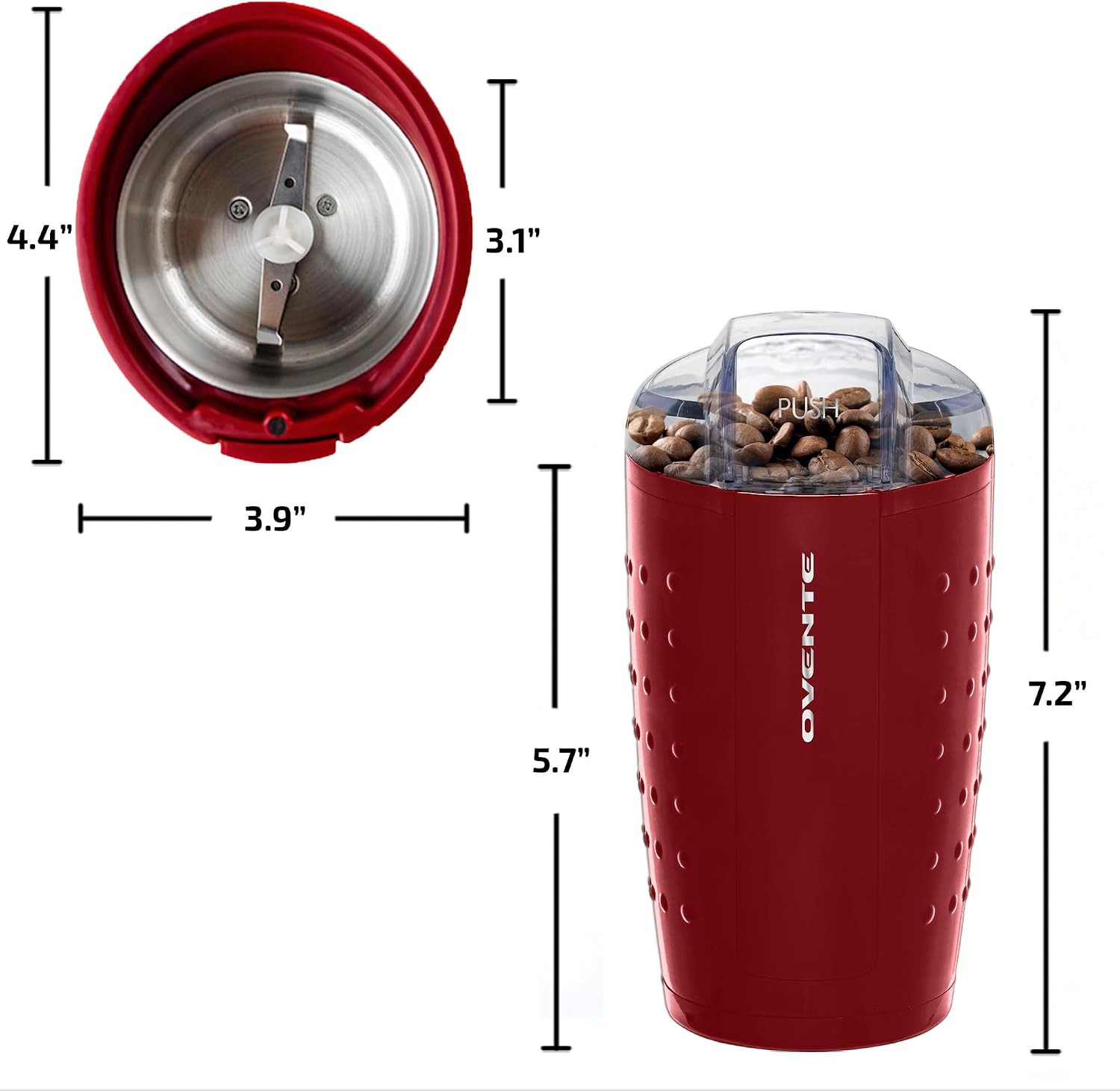 OVENTE Electric Coffee Grinder with One Touch Push-Button, White CG225W | 2.5oz Capacity, 150W Motor, Stainless Steel Blades for Uniform Grinding of Beans, Spices, Herb, Nuts & More, Safety Lock Lid