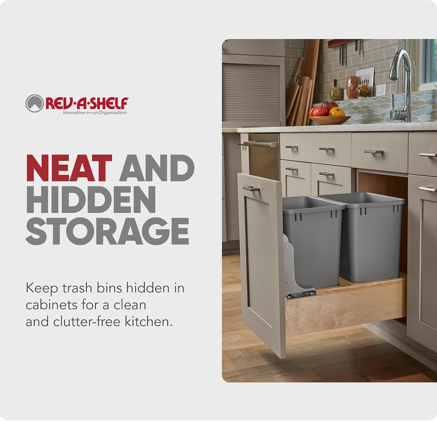 Rev-A-Shelf 35 Qt Bottom Mount Single Pullout Under Cabinet Kitchen Trash Cans for Base Cabinets, 150 Pound Rated Full-Extension Slides, Min Opening Width of 11.5", Silver, 4WCBM-15DM-1