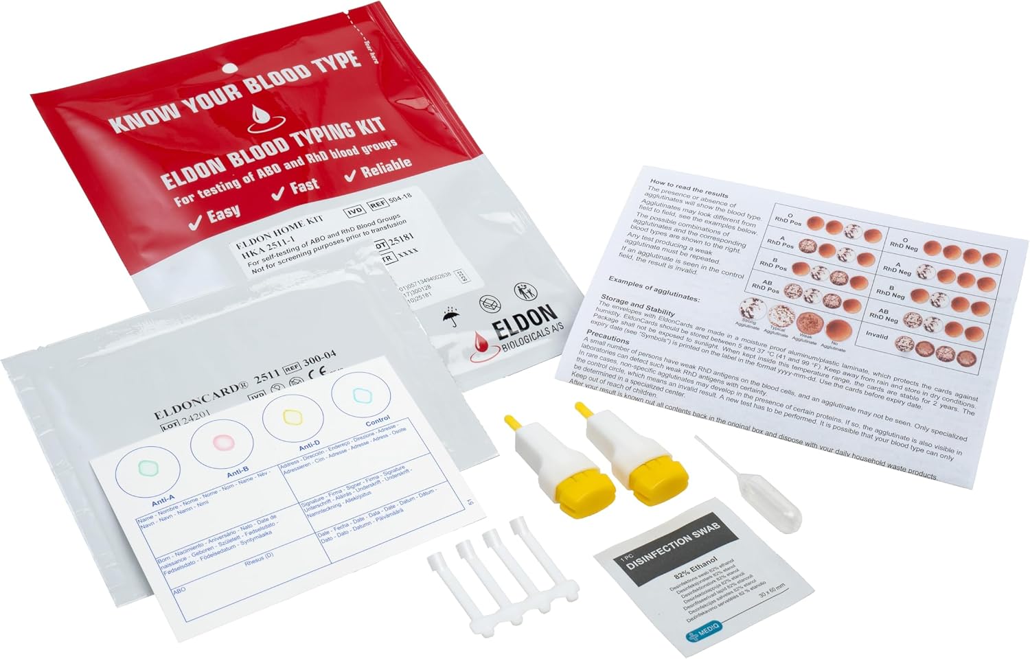 Eldoncard Blood Typing Kit, 2 Test Pack | Know Your Blood Type, Accurate Instant Home Testing, Determine A, O, B, RHS-D Negative & Positive Groups