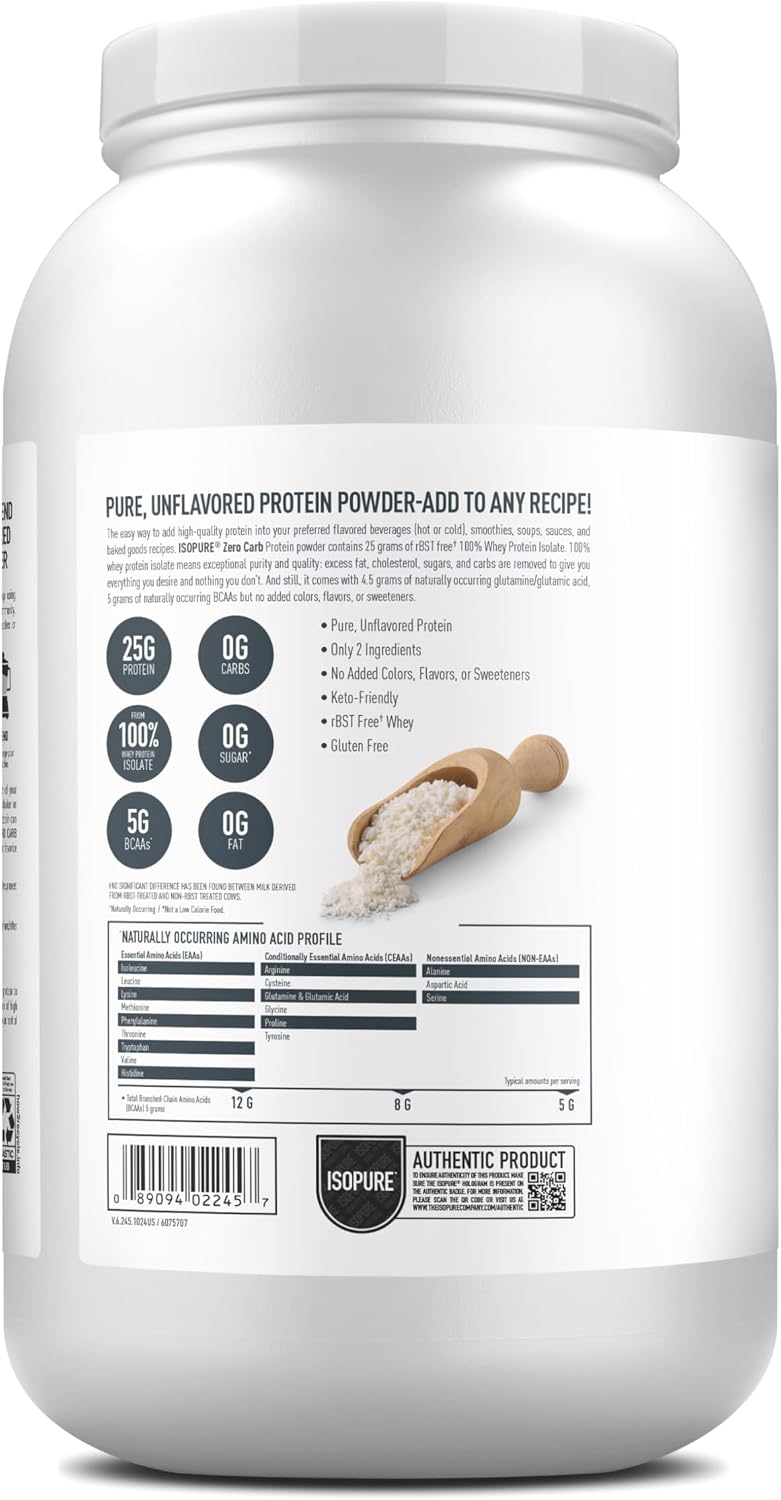 Isopure Zero Carb 100% Pure Whey Isolate Protein Powder, Gluten Free, with Vitamins, Unflavored, 25g Protein Per Serving, 3 lb | 25g Protein Per Serving, 100% Whey Protein Isolate, Gluten Free, with Added Vitamins for Immune Support & Muscle Recovery