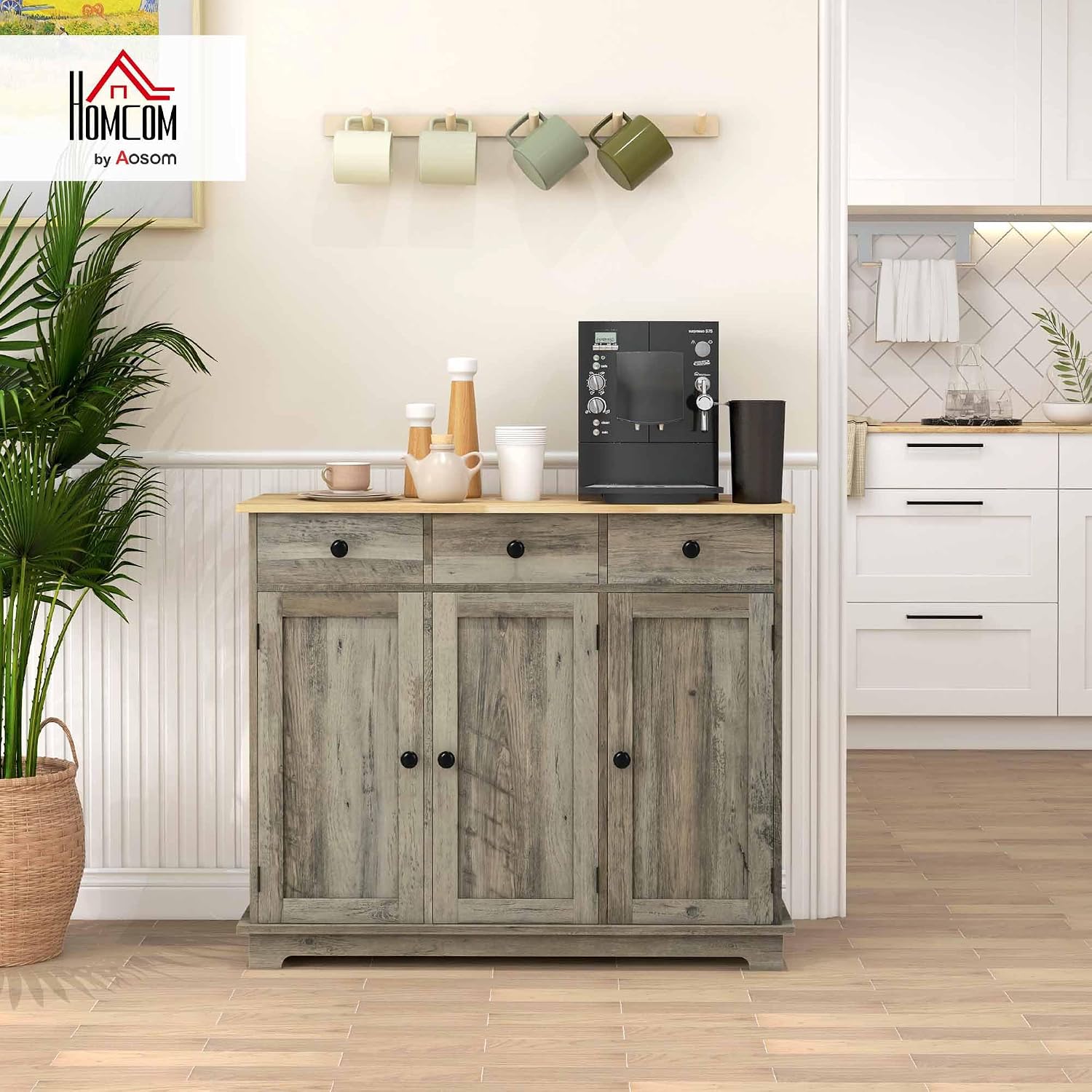 HOMCOM Sideboard Buffet Cabinet Solid Wood Countertop White