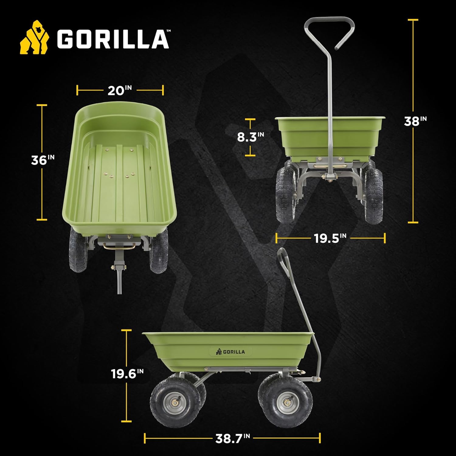 Gorilla Carts Poly Garden Dump Garden Cart with Easy to Assemble Steel Frame, Camping Wagon with Quick Release System, 1200 Pound Capacity, and 13 Inch Tires | 1,200-lb Capacity, 6 Cu Ft Tub Poly Dump Cart with Quick-Release Dump for Bigger Yard Cleanup…