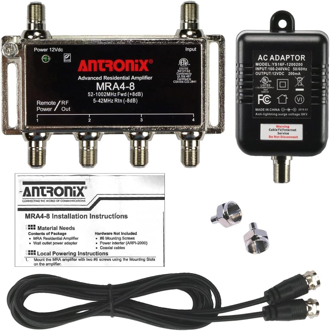 Antronix MRA4-8 Reliable Cable 4-Port TV/Antenna/HDTV/Internet Digital Signal Amplifier/Booster/Splitter with Passive Return, Black Coax Power Cable