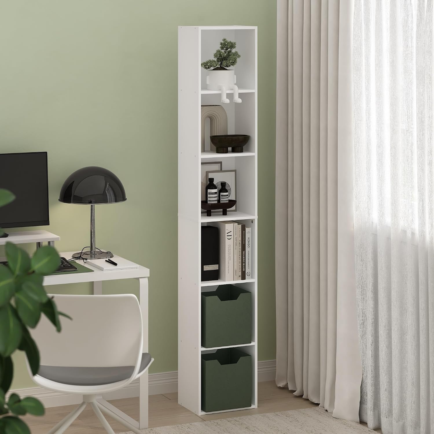 Furinno PASIR Book Shelf, 5-Tier Modern Bookshelf, Open Shelves Bookcase, 9 x 12 x 52, for Living Room, Bedroom, Home Office, Plain White