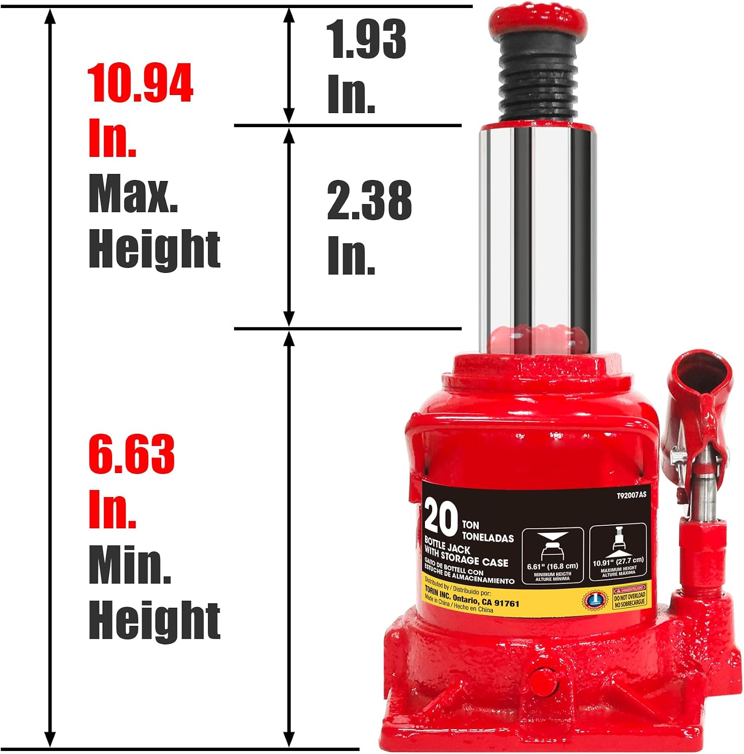 Torin T90413 Big Red Hydraulic Bottle Jack with Carrying Case, 4 Ton (8,000 lb) Capacity