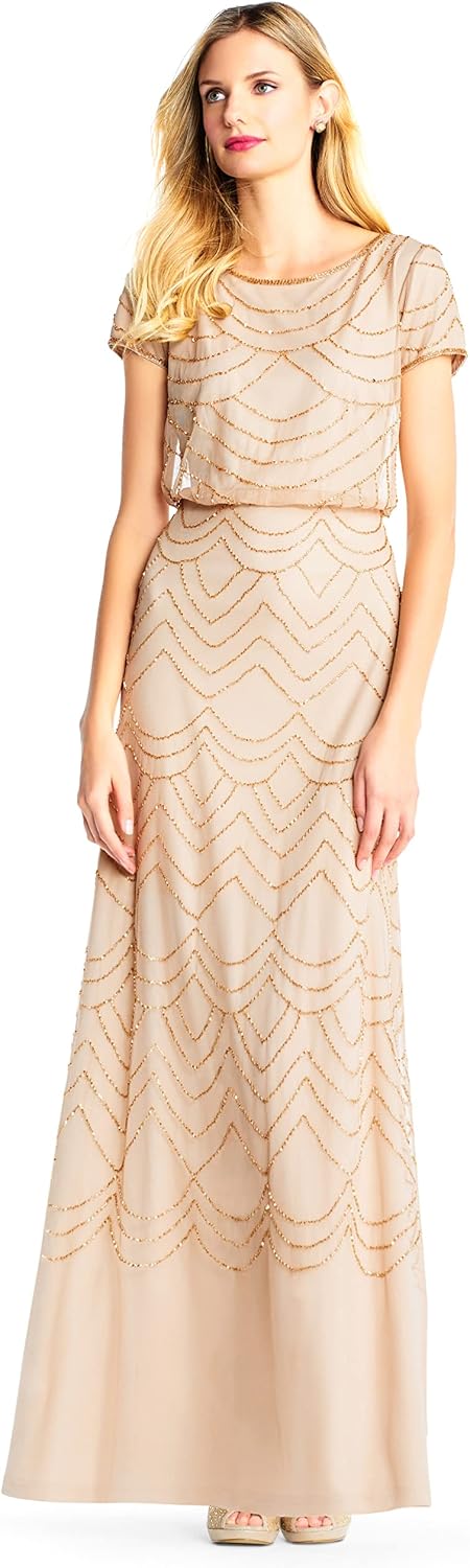 Adrianna Papell Womens Short Sleeve Blouson Beaded Gown