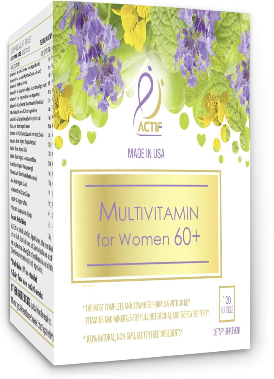ACTIF Multivitamin for Women Age 60+ with 30 Organic Vitamins and Organic Herbs, Non-GMO, Made in USA, 2-Month Supply