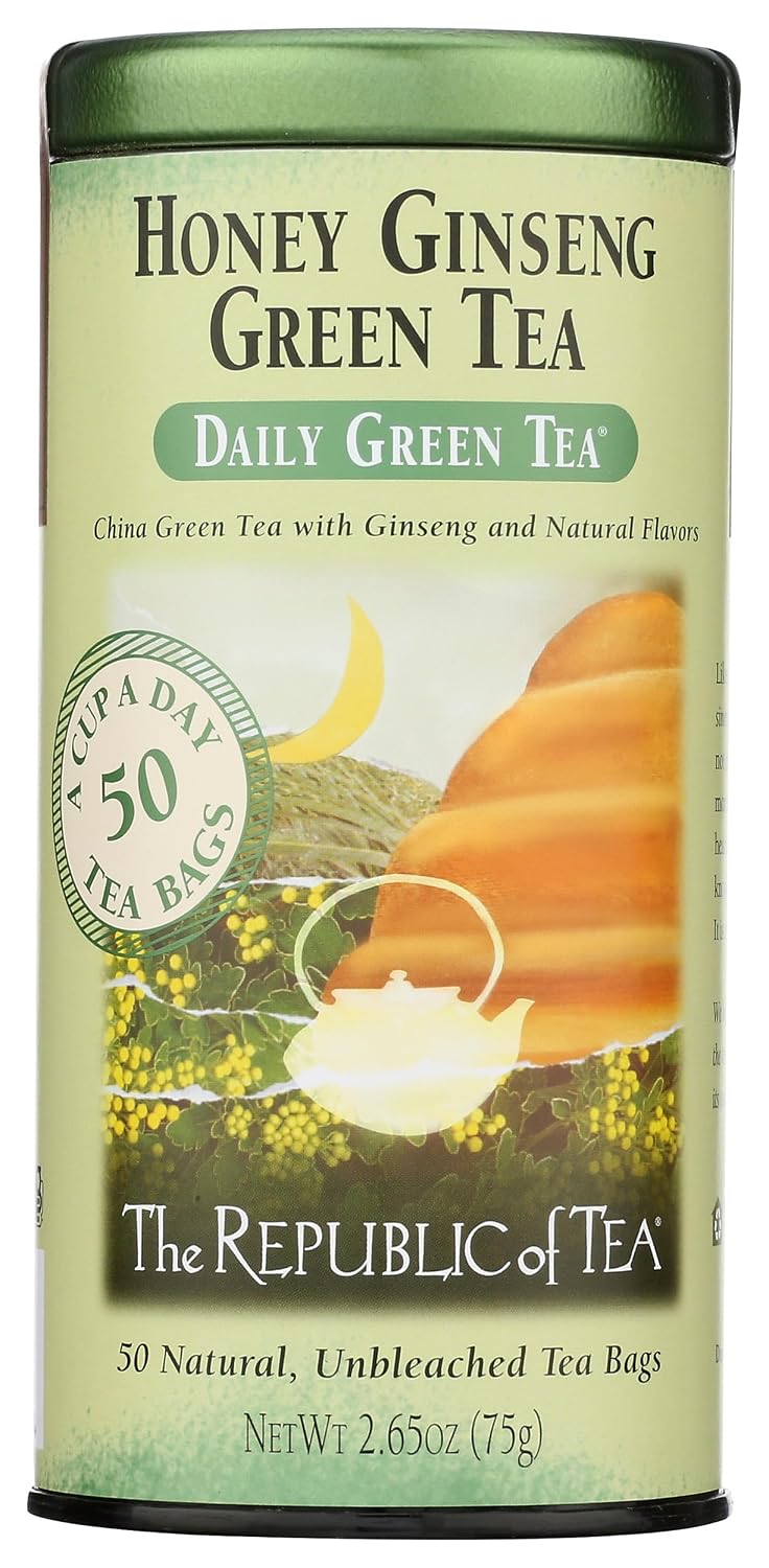 The Republic of Tea Daily Green Honey Ginseng Green Tea, 50 Count | Low Caffeine. A gentle cup for everyday sipping. Fresh with light vegetal notes. Gluten Free and Carb Free.