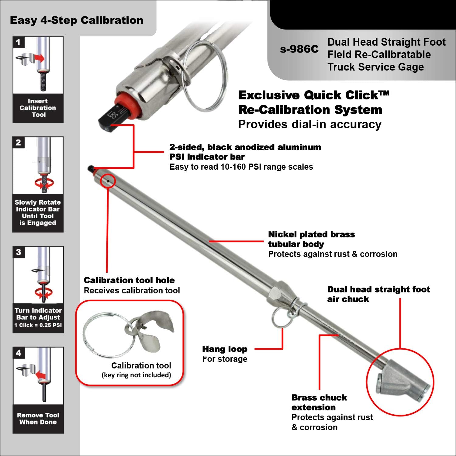 Milton s-986C Calibratable Tire Pressure Service Gauge, Dual Head Straight Foot Chuck, 10-160 PSI