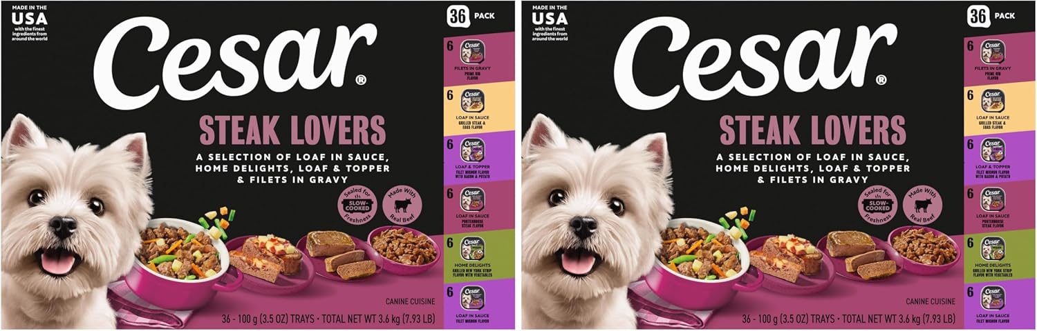 Cesar Wet Dog Food, Steak Lovers Variety Pack, 3.5 oz, 36 Count | Real meat #1 ingredient, easy peel trays, 100% complete & balanced, no fillers, no added sugar, no artificial flavors