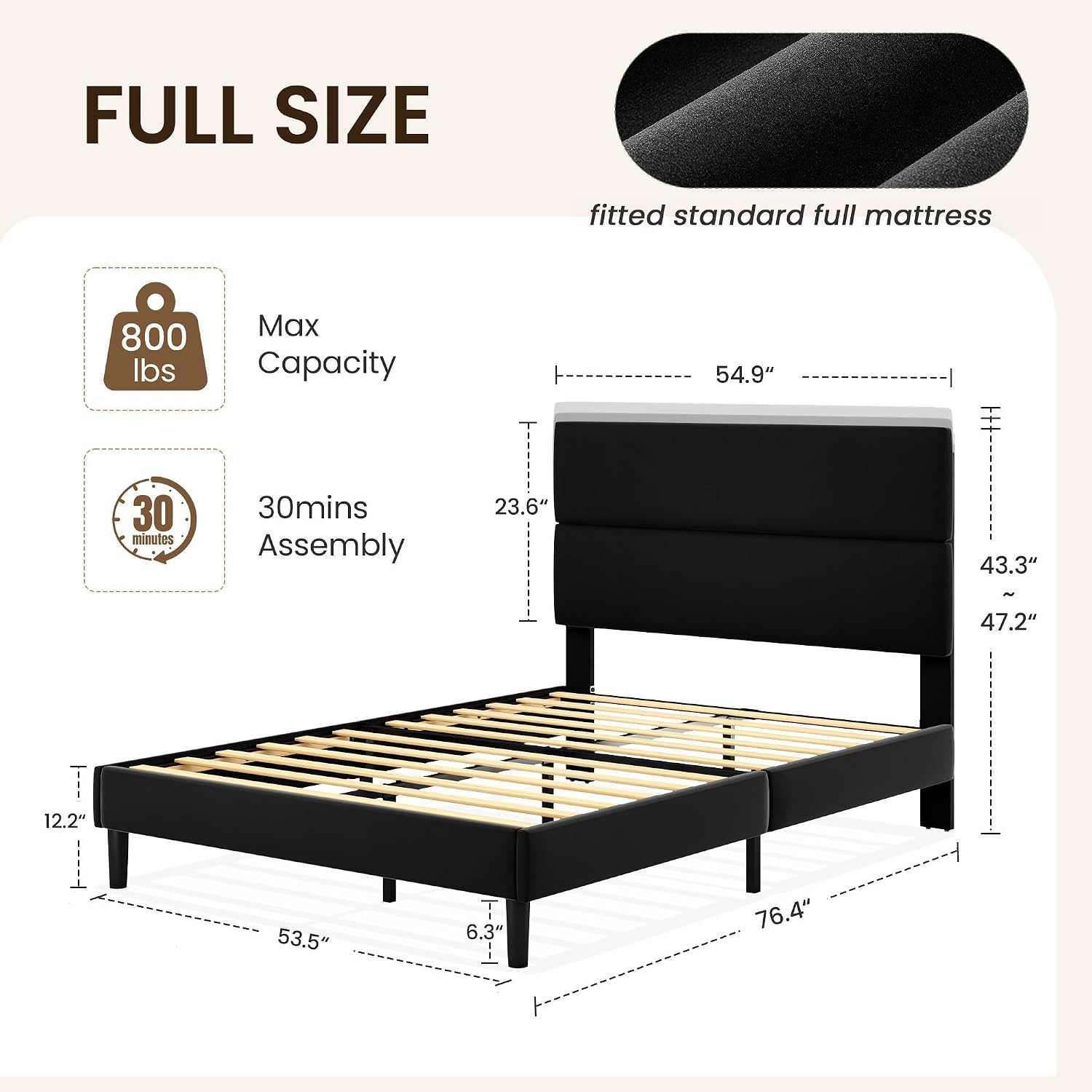 GRUSIGN Queen Size Platform Bed Frame with Velvet Headboard, Adjustable Height Wooden Slats Support, Upholstered Mattress Foundation, Fits Mattress or Mattress with Box Spring, Easy Assembly, Beige
