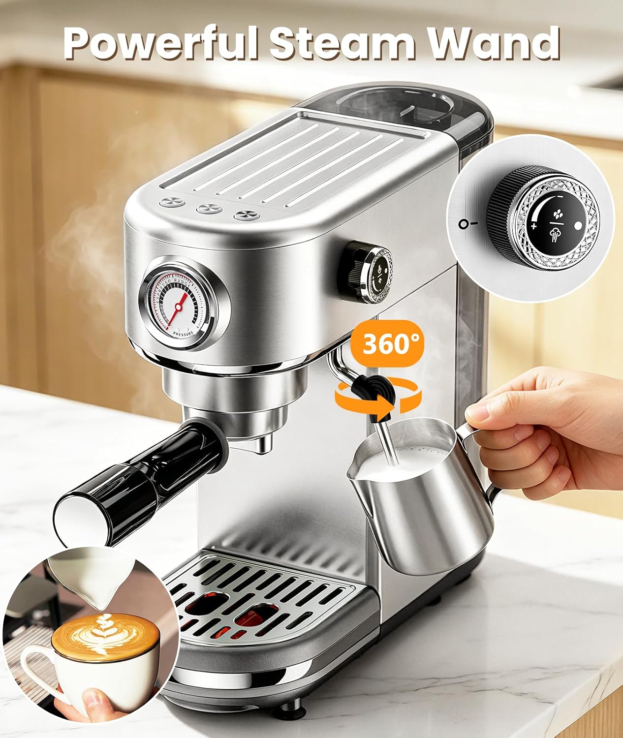 atatix 20 Bar Espresso Machine with Milk Frother, Compact Espresso Maker | Stainless Steel Coffee Machine with Precise Temp Control, 44oz Removable Water Tank for Latte, Cappuccino, White