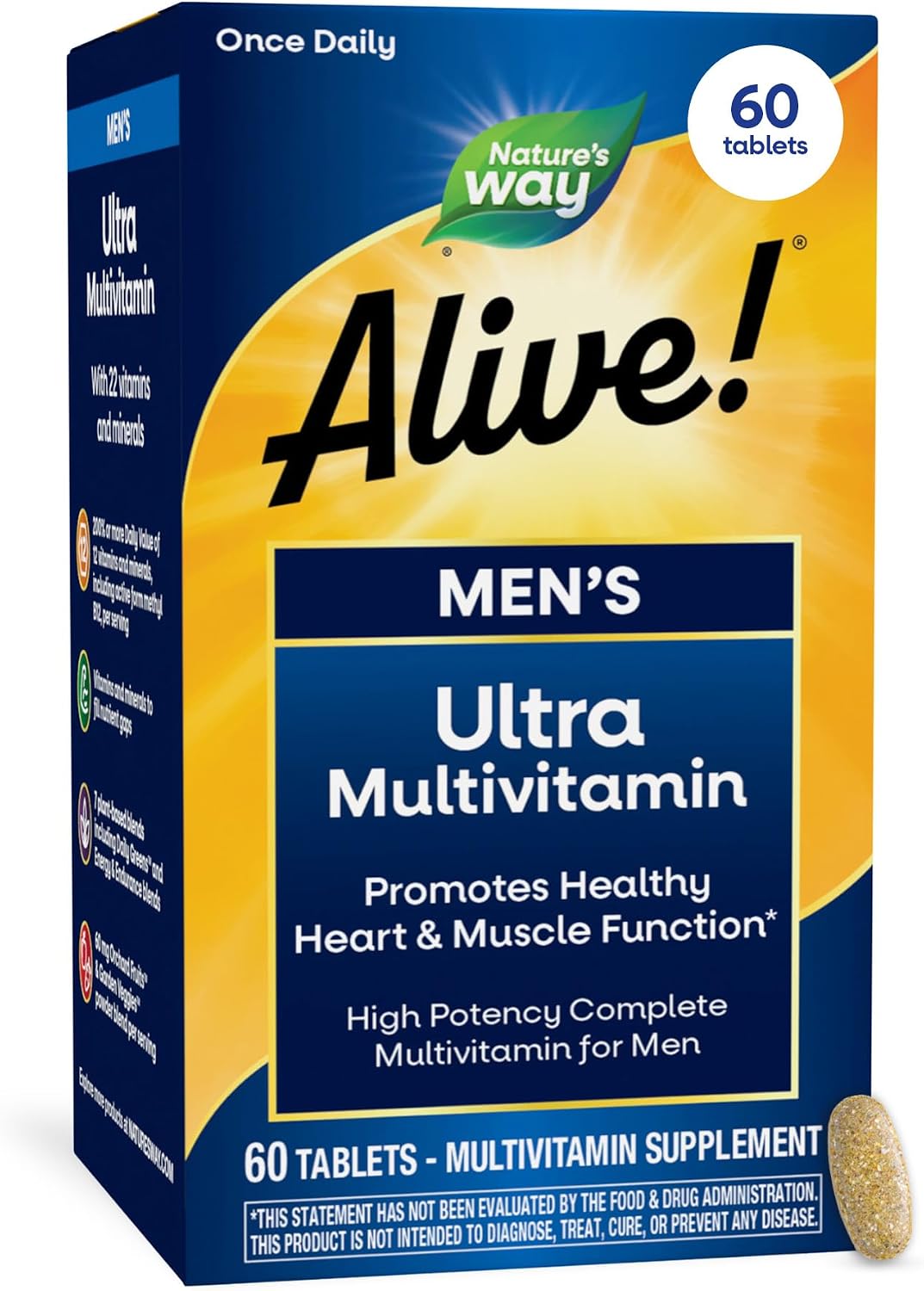 Nature's Way Alive! Men’s Daily Ultra Potency Multivitamin Tablets, 60 ct | Complete High Potency Men’s Daily Vitamin Promotes Heart & Muscle Function*, B-Vitamins, Zinc and Antioxidants