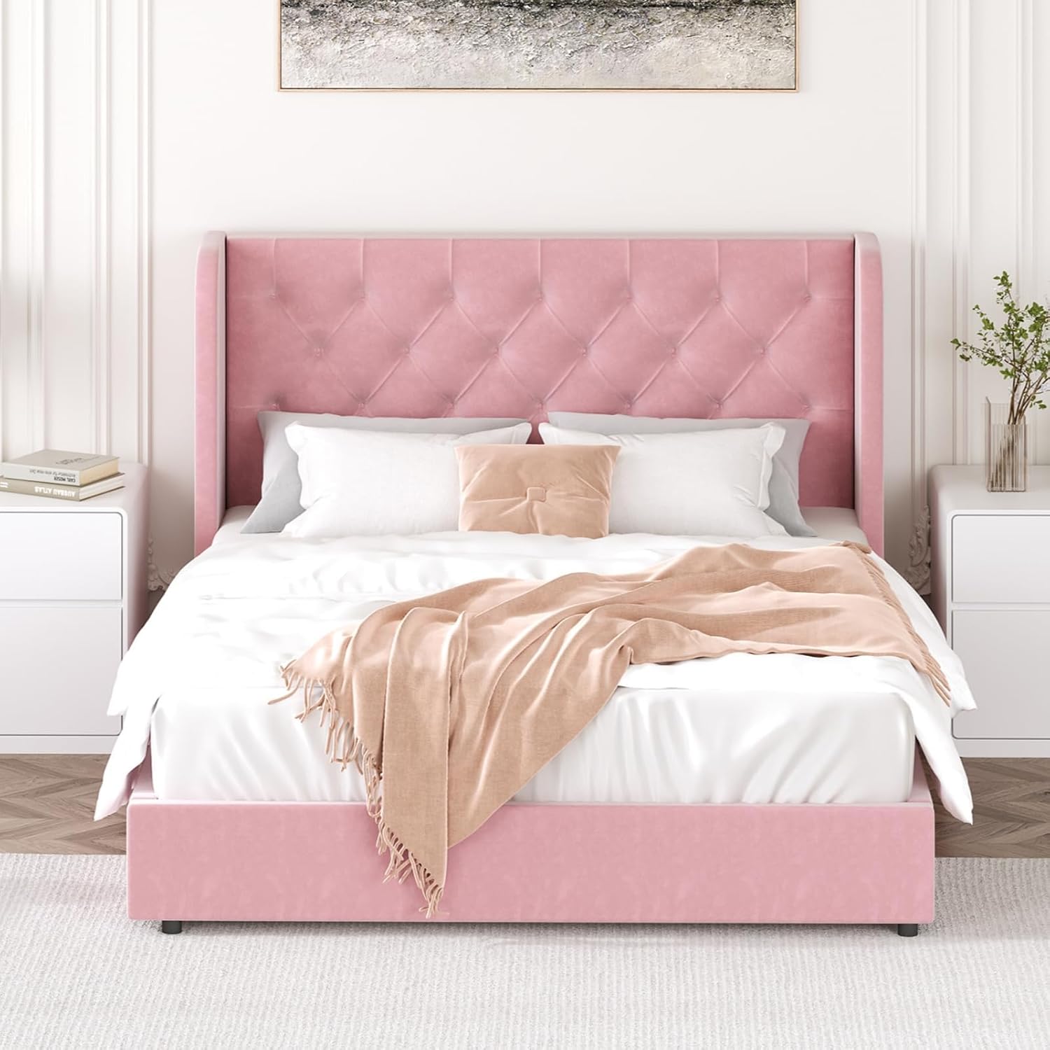HOMBCK Full Size Bed Frame with Headboard, Upholstered Platform Bed, White | Velvet Tufted Curved Wingback/Wooden Slats Support/No Box Spring Needed/Noise-Free/Easy Assembly