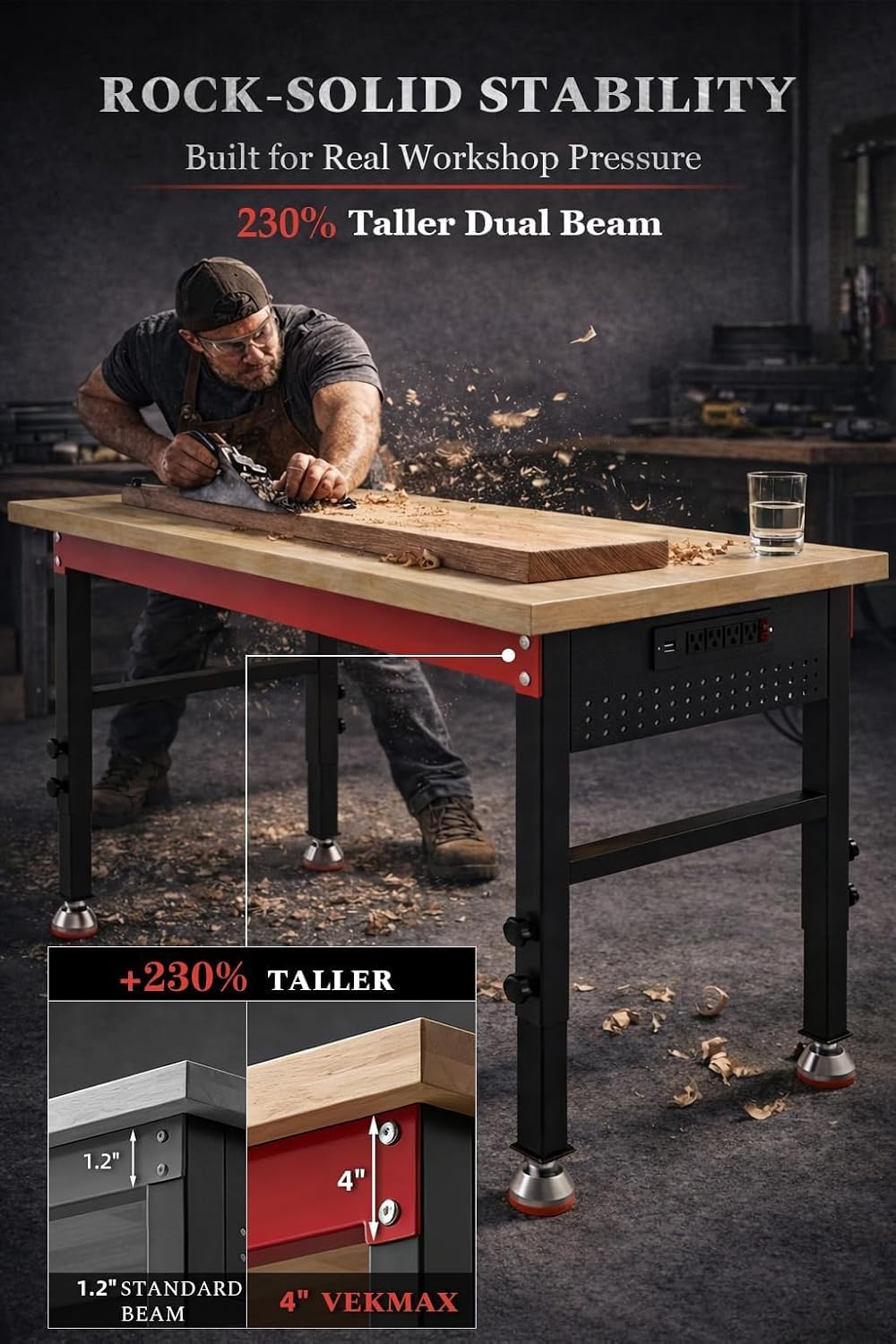 60" Heavy Duty Workbench, 2500 LBS Load Capacity Work Bench with 1.2" Laminated Oak Wood Top & Reinforced Steel Frame, Adjustable Height Work Table for Garage, Workshop, Office, Home (Casters)