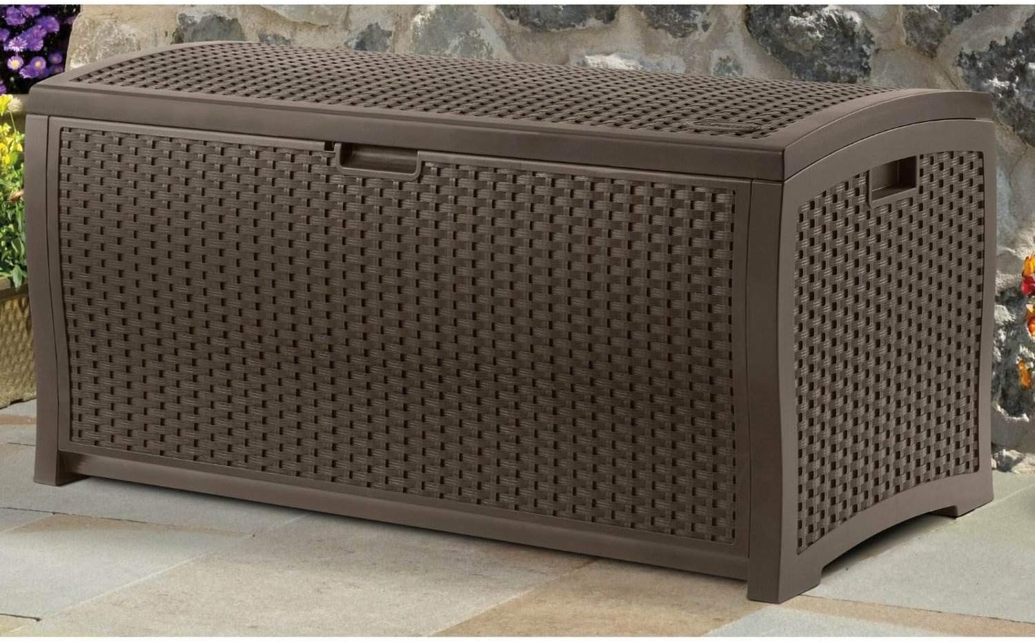 Suncast 99 Gal Wicker Resin Deck Box, Storage Chest Bin with Handles, Java