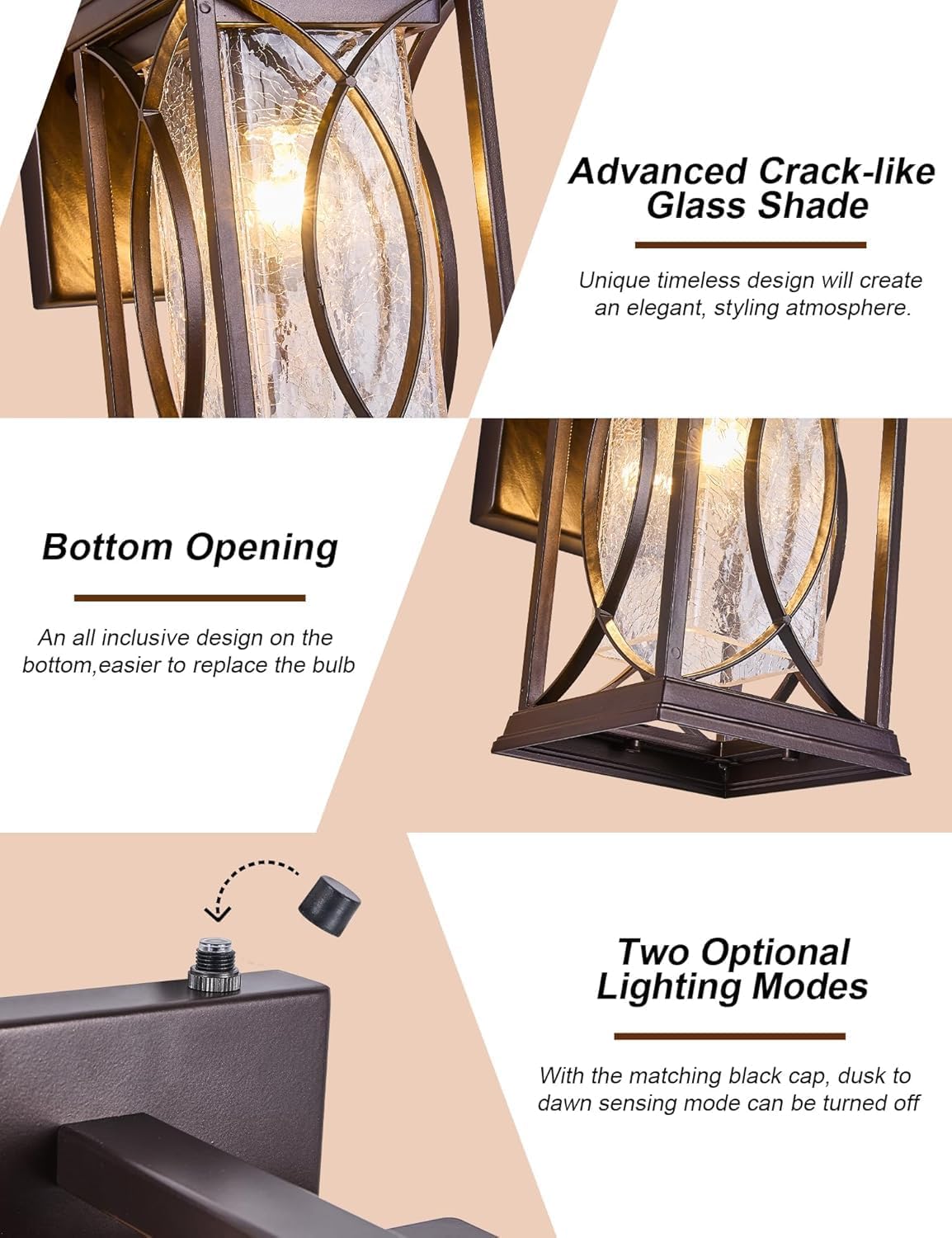 Dusk to Dawn Modern Outdoor Coach Lantern Exterior Light Fixtures Black Aluminum with Crack-Like Glass Waterproof Wall Sconce Mission Outside Light