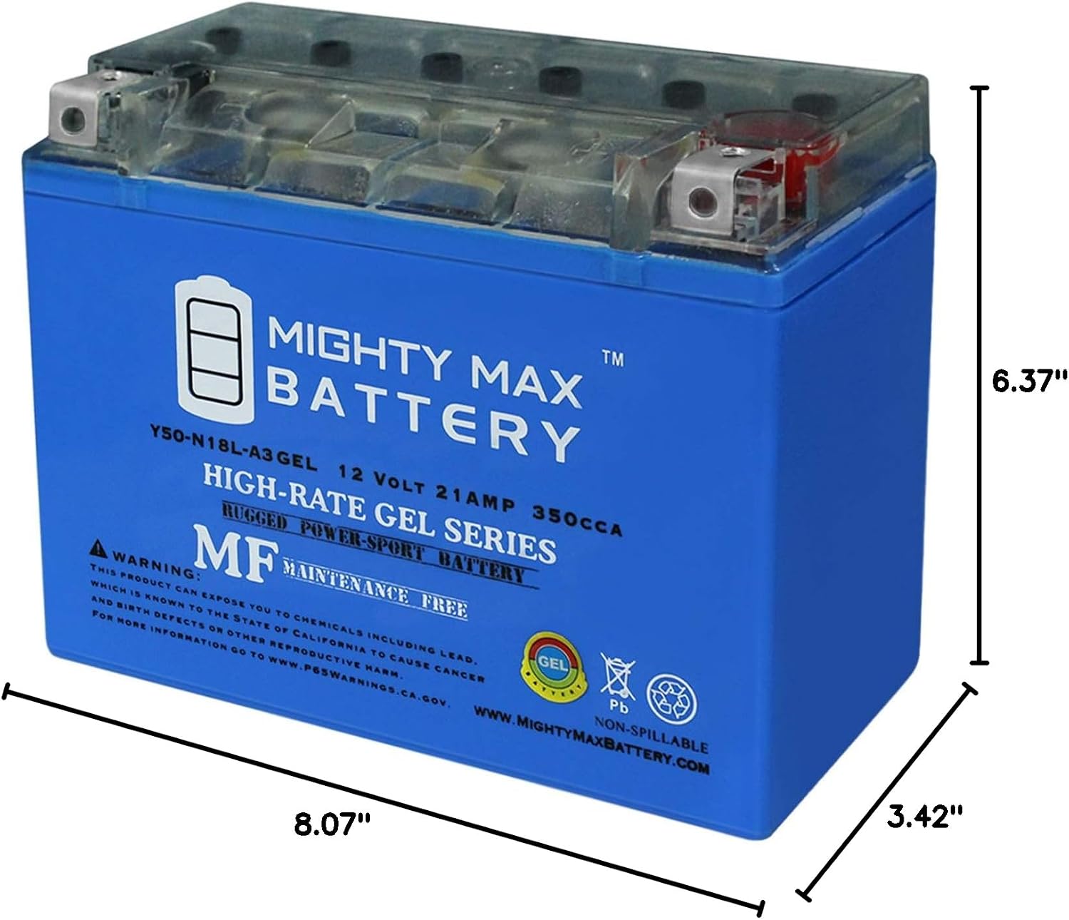 Mighty Max Battery YTX20L-BS GEL -12 Volt 18 AH, GEL Type, 270 CCA, Rechargeable Maintenance Free SLA AGM Motorcycle Battery