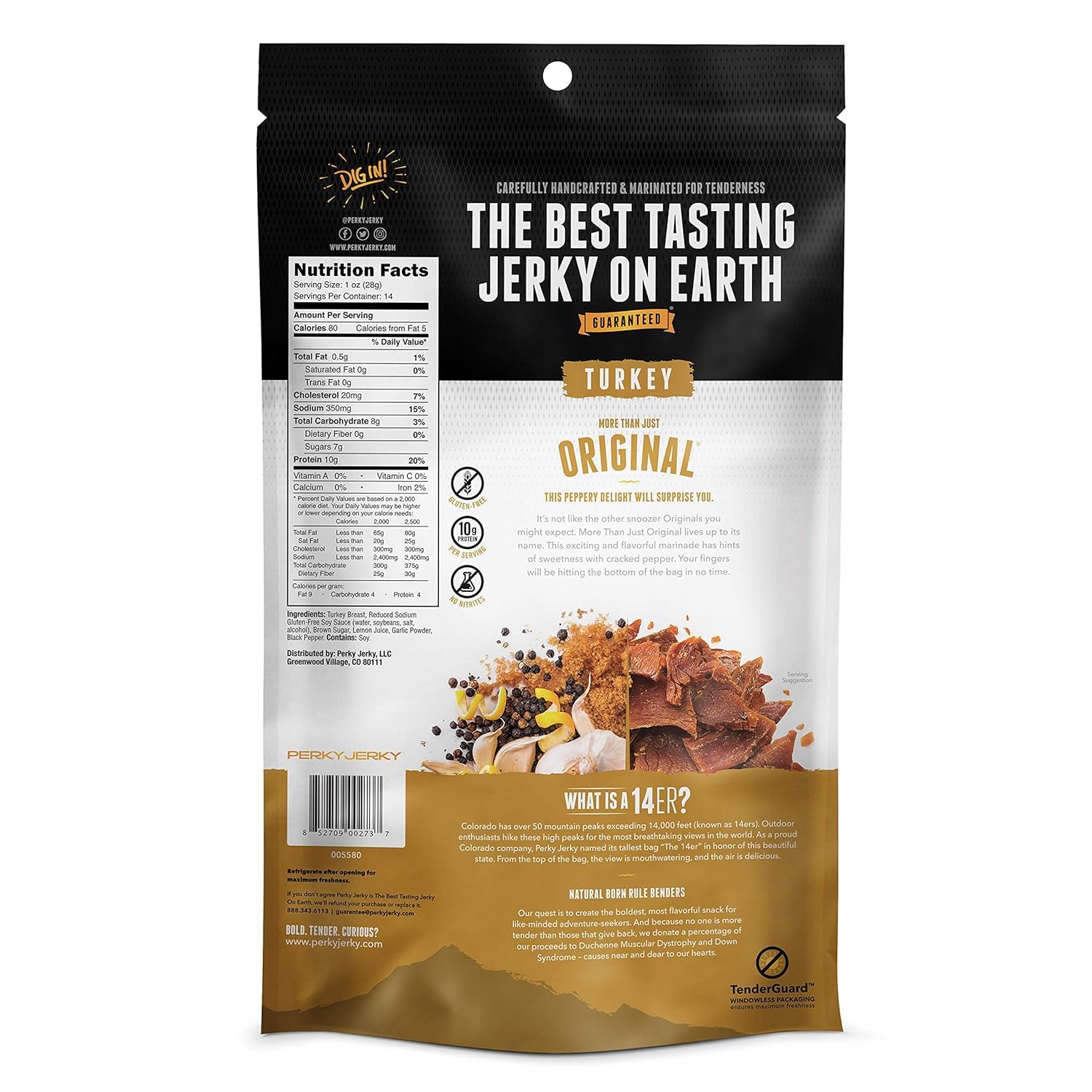 Perky Jerky Original Turkey Jerky, 14oz - Low Sodium - 10g Protein per Serving - Low Fat - 100% U.S. Sourced - Handcrafted, Tender Texture and Bold Flavor