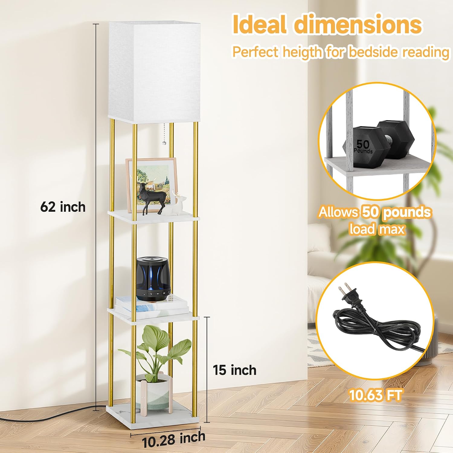 SHINE HAI Floor Lamp with Shelves, 3-Tier Square Modern Shelf Lamp
