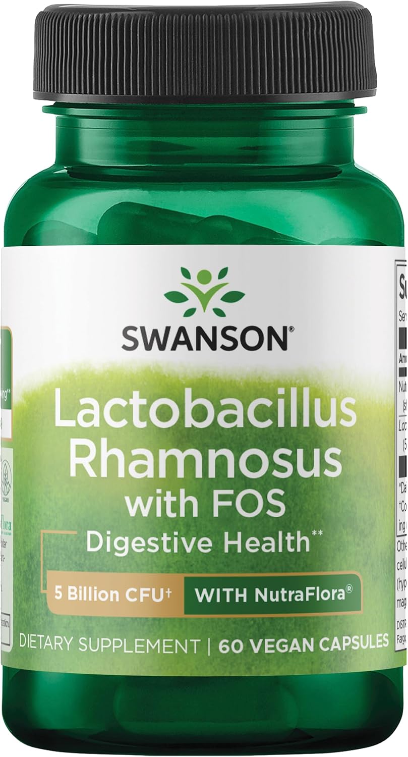Swanson Lactobacillus Rhamnosus with FOS, 5 Billion CFU, 60 Veggie Capsules | Digestive Health Support with Fructooligosaccharides, Probiotic Support for Gastrointestinal Health, Acid-Resistant Vegan
