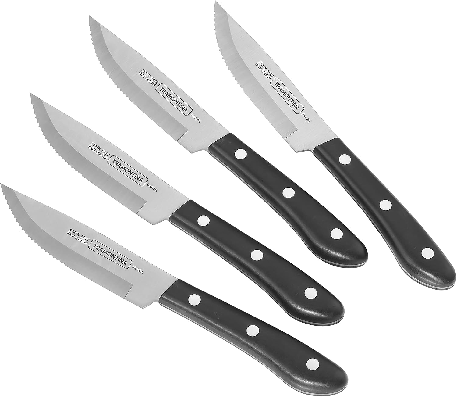 Tramontina Porterhouse 4-Pc Steak Knives | 5-Inch Stainless Steel High-Carbon Serrated Blade, Kitchen Knife Set with Hardwood Block, Full-Tang, Dishwasher-Safe