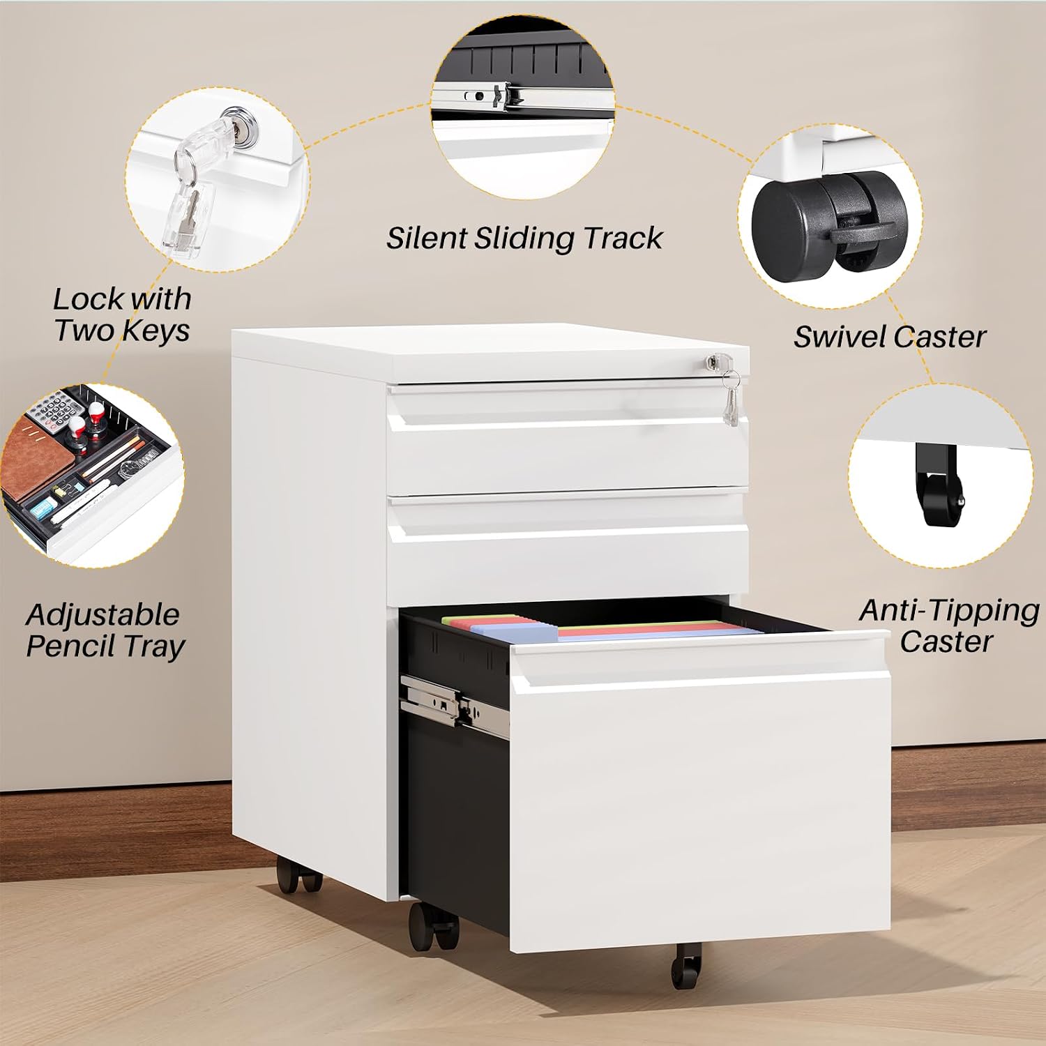 3-Drawer Mobile Steel Filing Cabinet with Lock, Fully Assembled Under Desk File Cabinet for Letter/Legal/A4 Size, Heavy Duty Storage Organizer for Home Office
