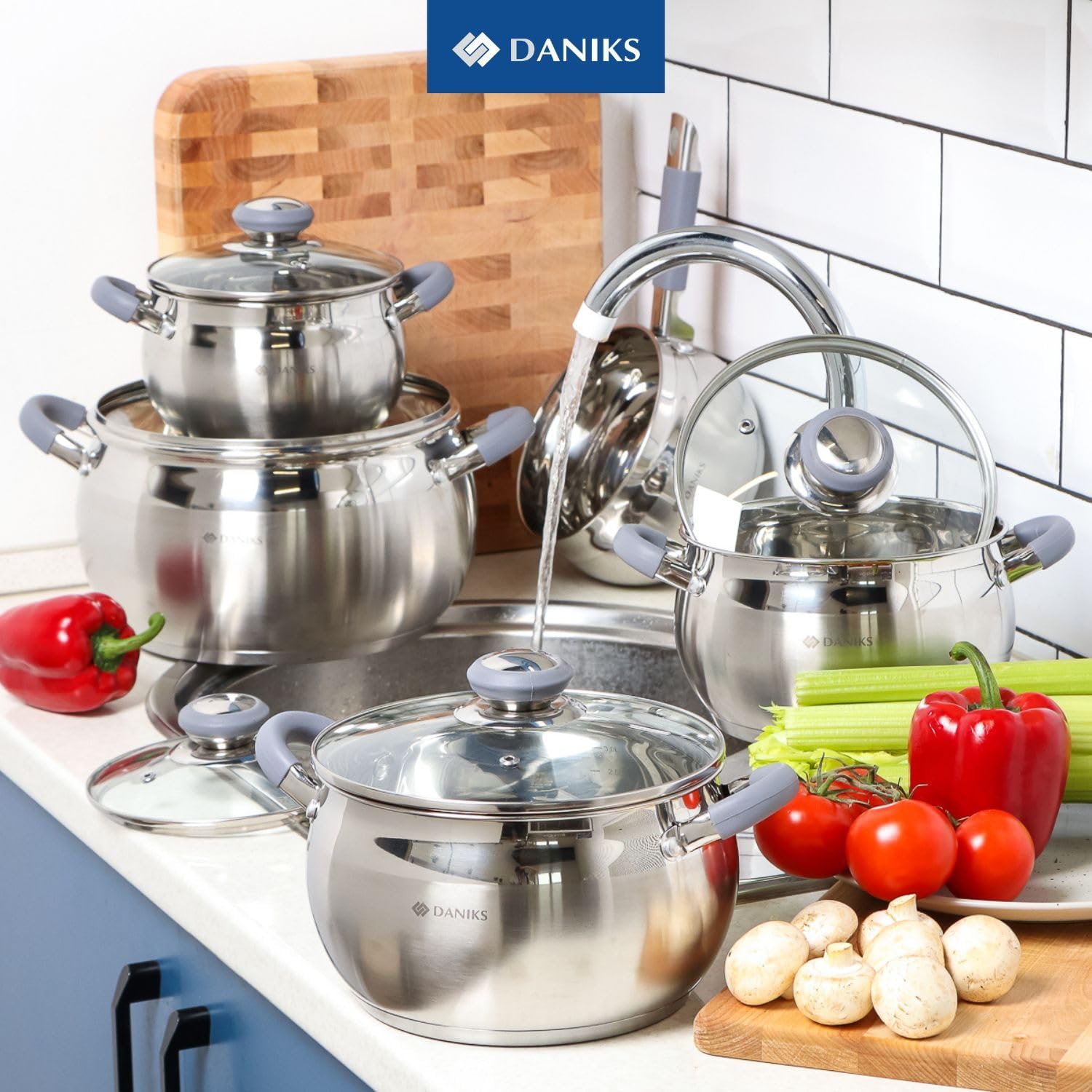 Daniks Modern 4 Quart Stainless Steel Stock Pot with Glass Lid, Tri-Ply Bottom for Even Heating, Induction Compatible, Dishwasher Safe