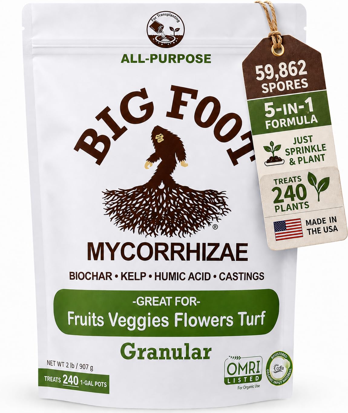 Big Foot Mycorrhizae - Double Your Plant Size, Easy to Use, Made in USA, Treats 30 Plants (7,500 Mycorrhizal Spores) Fertilizer, 4 Ounce Package (4 oz)