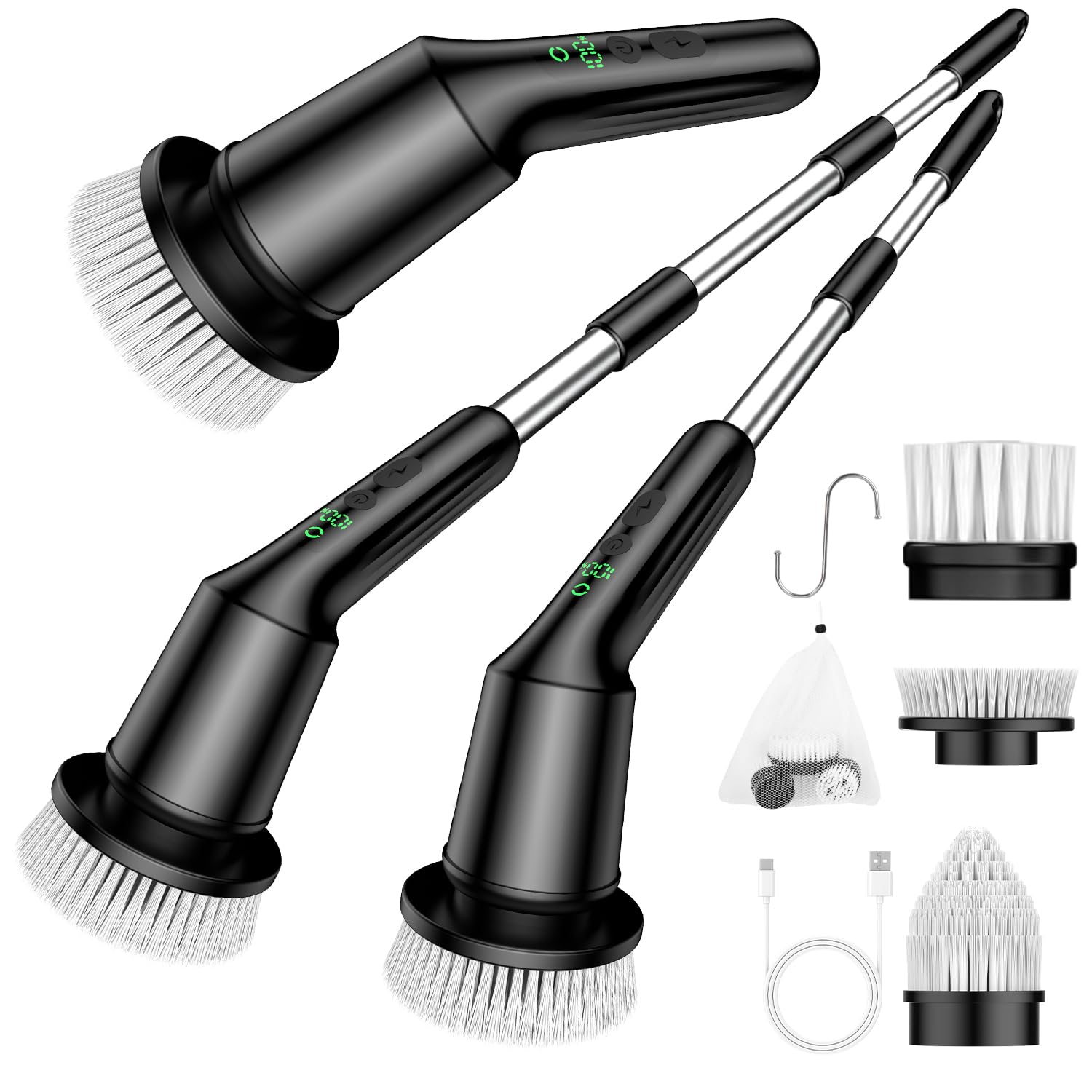 Electric Spin Scrubber for Bathroom, Shower Scrubber with Long Handle | Shower Cleaner Brushes, IPX7 Waterproof & 2 Speed, 3 Brush Heads, 90min Runtime, Bathroom Cleaning Supplies for Toilet Tub