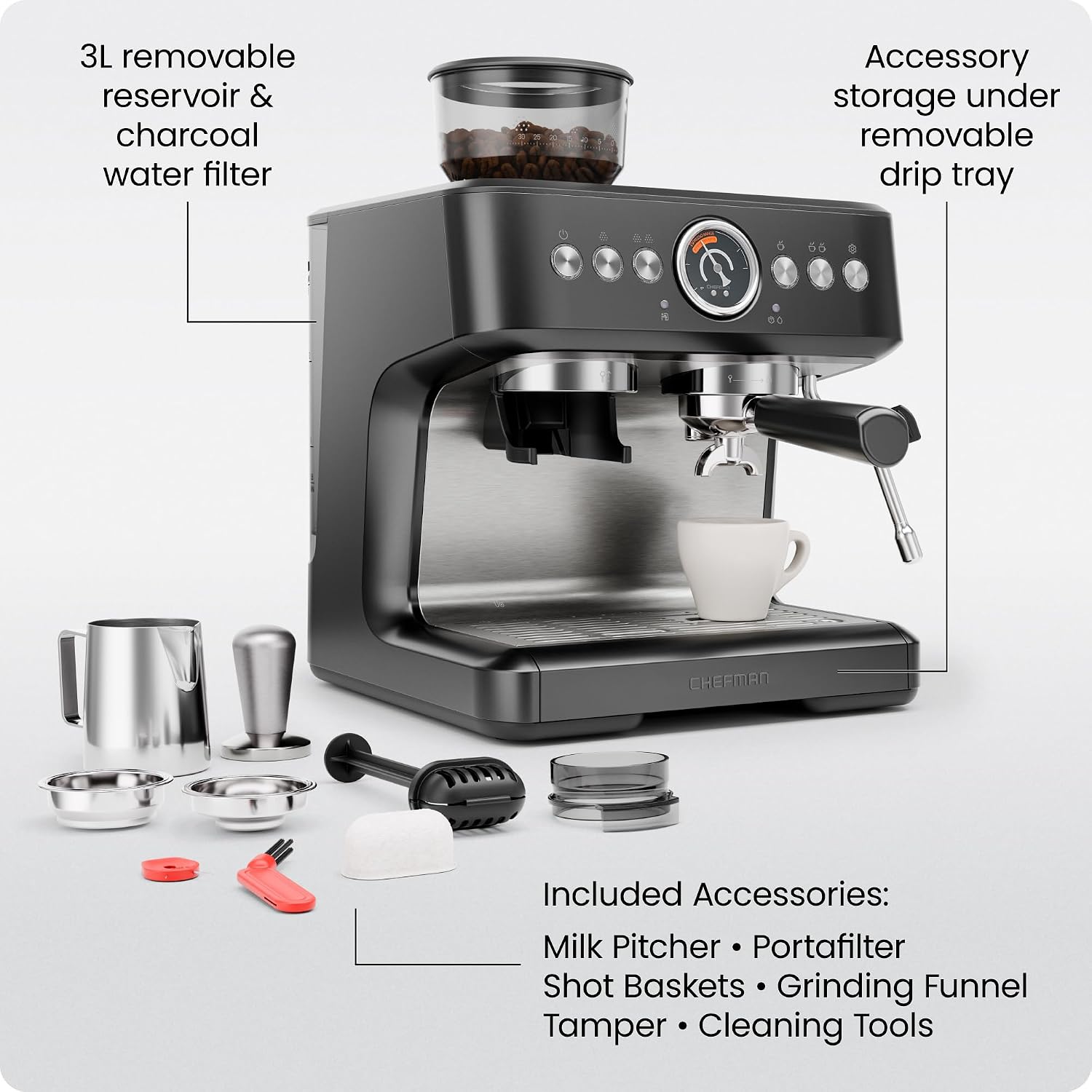 Chefman 6-in-1 Espresso Machine with Built-In Milk Frother, 15-BAR Pump, Digital Display, One-Touch Single or Double Shot for Cappuccinos and Lattes