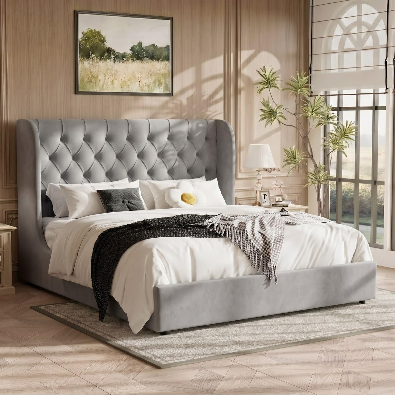 HOMBCK Full Size Bed Frame with Headboard, Upholstered Platform Bed, White | Velvet Tufted Curved Wingback/Wooden Slats Support/No Box Spring Needed/Noise-Free/Easy Assembly