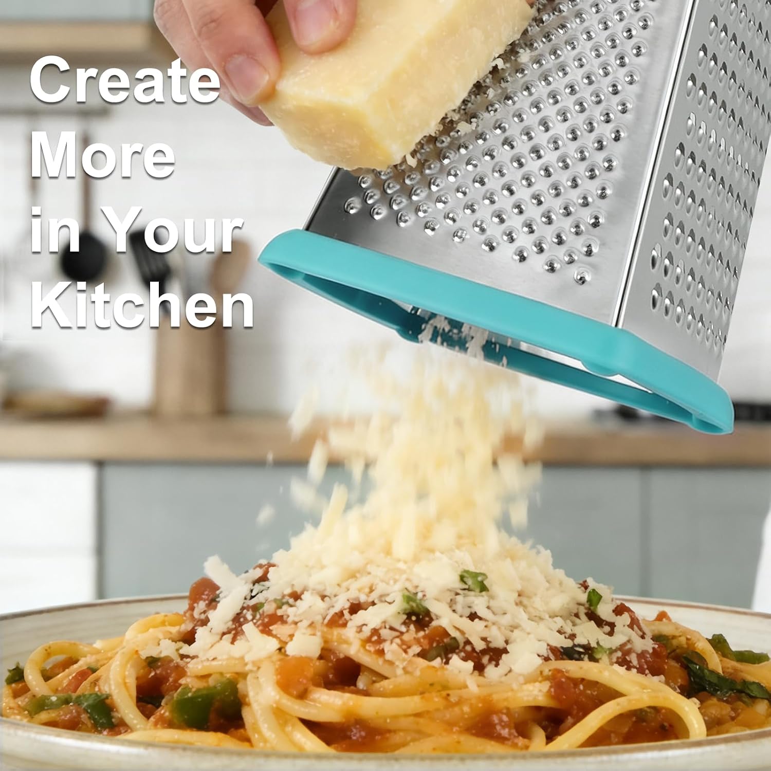 Ourokhome Cheese Grater with Handle, Stainless Steel Box Grater, 4 Side Kitchen Vegetable Shredder Slicer Zester with Container for Parmesan, Cabbage
