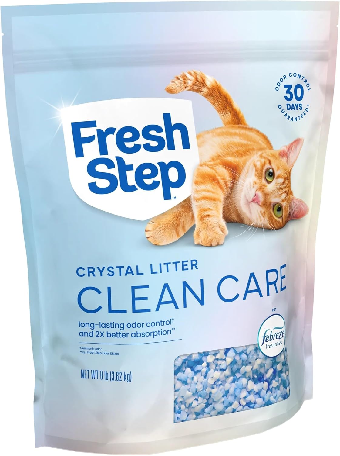 Fresh Step Clean Care Crystsal Cat Litter with Febreze Freshness, Ammonia Block Technology, Lightweight Fresh Step Crystals, Low Dust, 8 lb. Bag