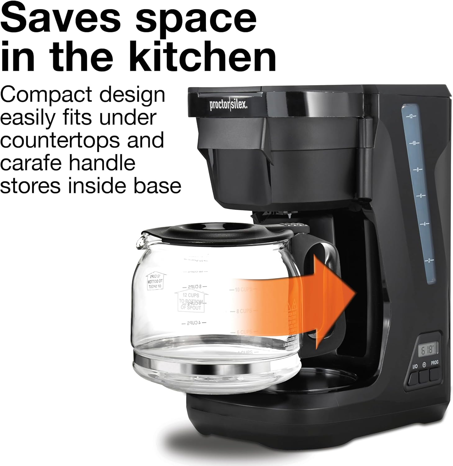 Proctor Silex Digital & Programmable FrontFill 12 Cup Drip Coffee Maker | Glass Carafe | Compact | Auto Shutoff | Black & Silver | 43685PS