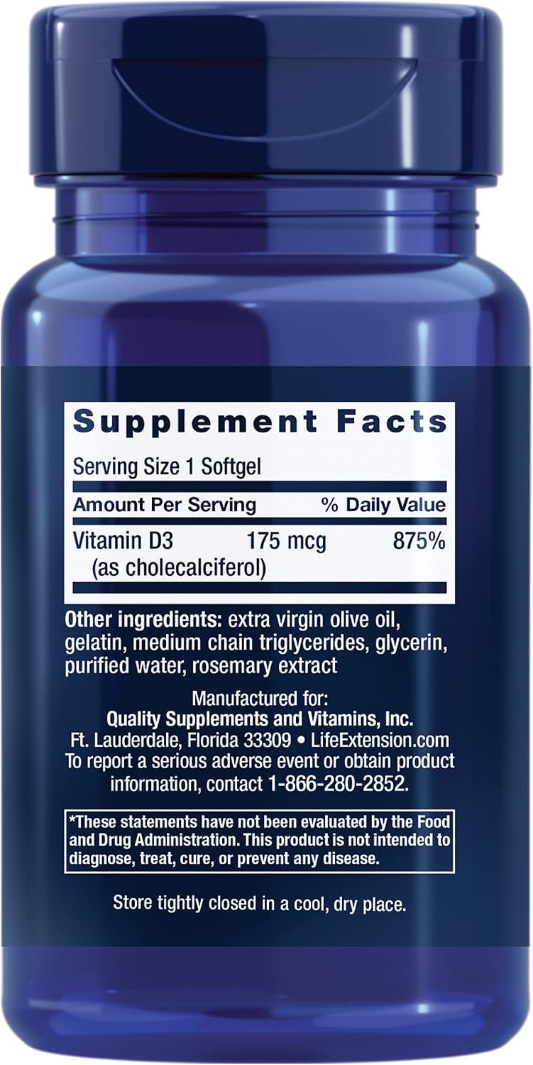 Life Extension Vitamin D3 175 mcg (7000 IU), Immune System Support, Bone Health, Brain Performance, Gluten-Free, Non-GMO, Once Daily, Two-Month Supply