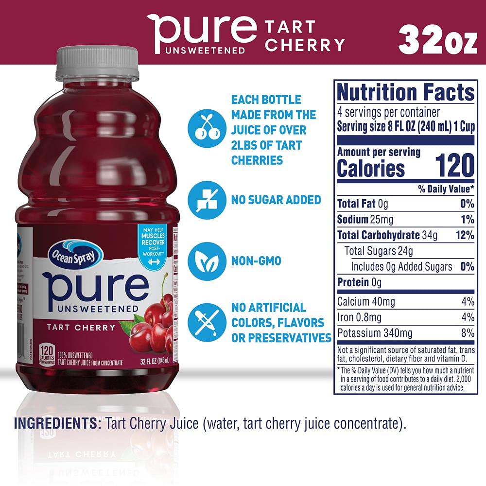 Ocean Spray® Pure Unsweetened Cranberry, 100% Cranberry Juice From Concentrate, 32 Fl Oz Bottle (Pack of 8)