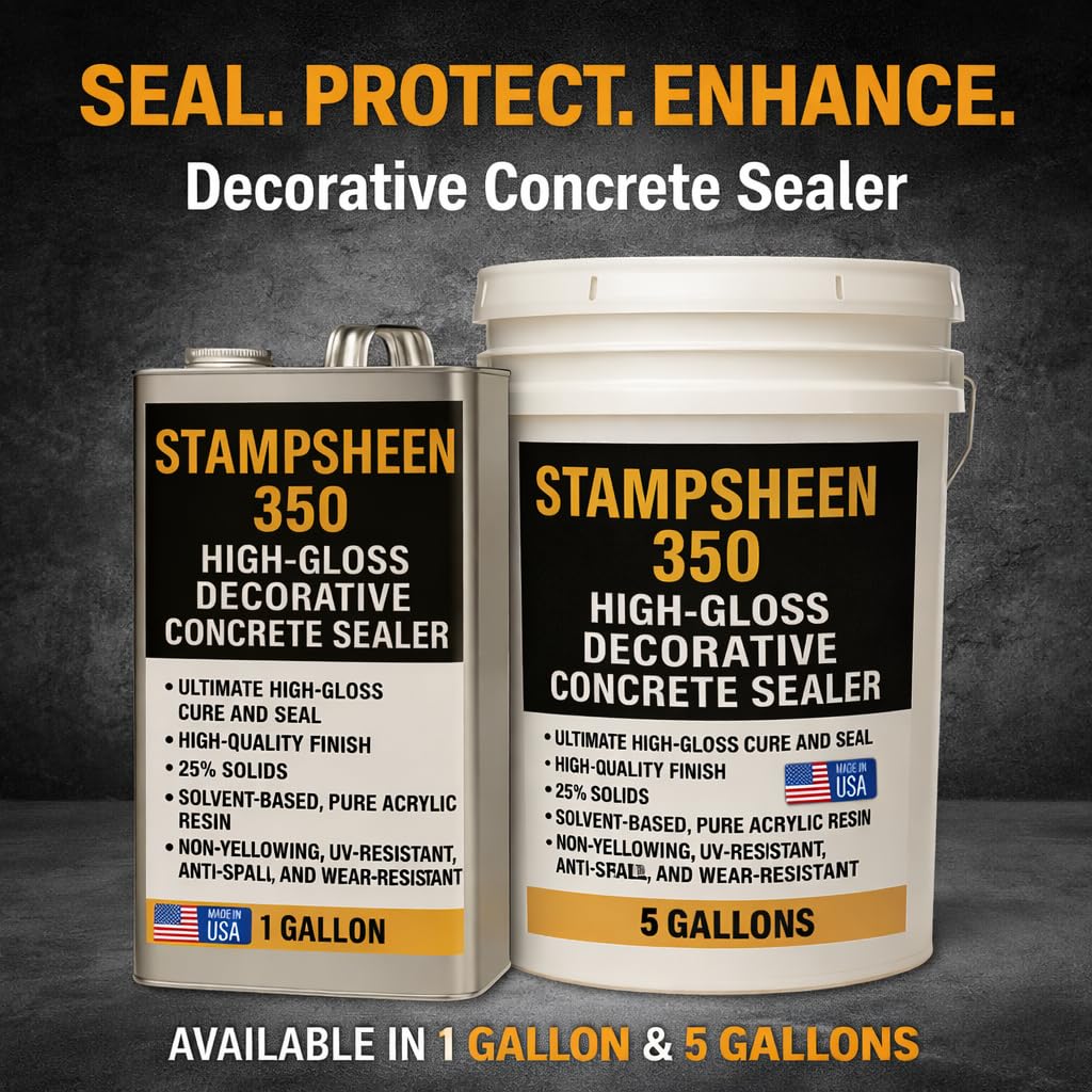 High Gloss Wet Look Decorative Concrete Sealer – Solvent-Based Acrylic Cure & Seal, UV-Resistant, Non-Yellowing Protective Film – Concrete & Paver Sealer for Outdoor Surfaces - Stampsheen 350 5gl